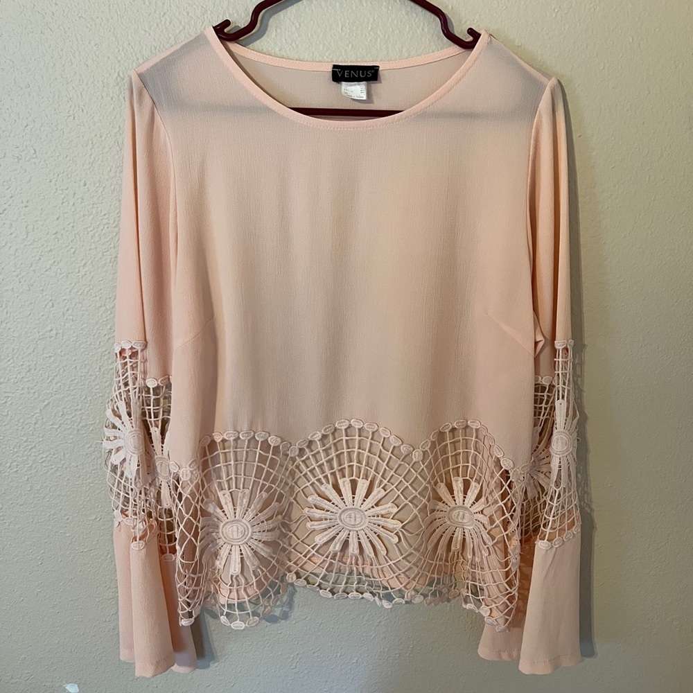 VENUS Women's Blush Crochet Lace Long Sleeve Blouse Size L
